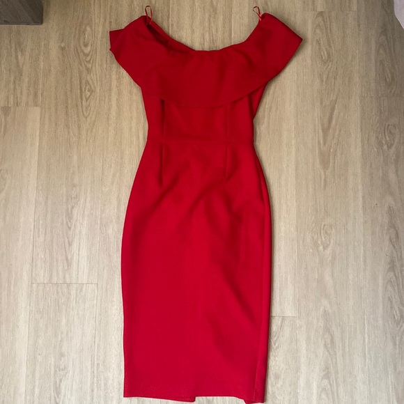 Sexy Date Night Red Midi Dress Bardot Off-Shoulder - Picture 1 of 3